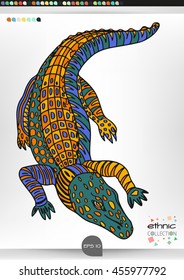 Crocodile .Animal patterns with hand-drawn doodle waves and lines. Vector illustration in bright colors.