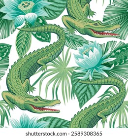 Crocodile animal, tropical palm leaves, blue lotus flower seamless pattern white background. Jungle wallpaper.