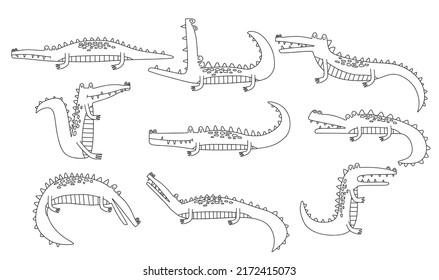 crocodile animal vector line set.