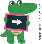 Crocodile With Arrow Sign On Placard Vector Illustration