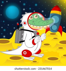 crocodile astronaut on moon - vector illustration, eps