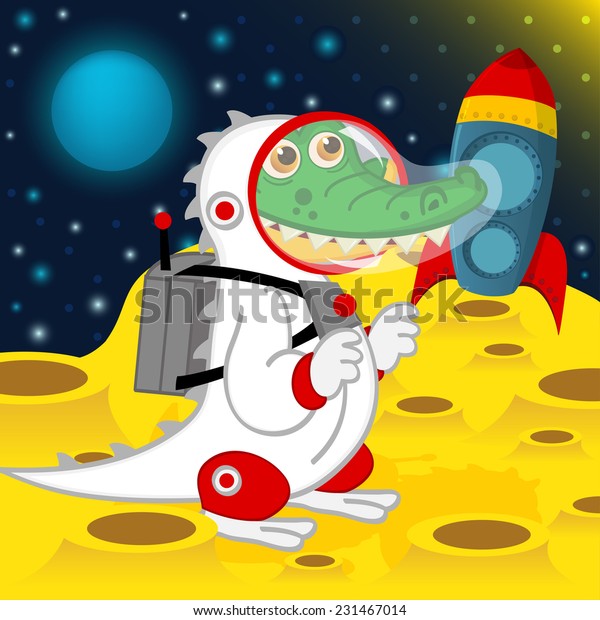 crocodile\
astronaut on moon - vector illustration,\
eps