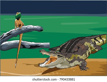 Crocodile attacking Monitor lizard in forest