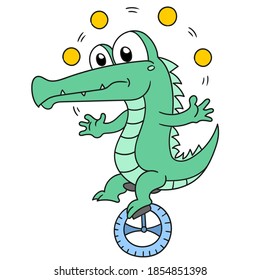 crocodile attraction juggling ball. vector illustration of cartoon doodle sticker draw