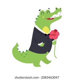 Crocodile as Australian Animal in Jacket Holding Flower Vector Illustration