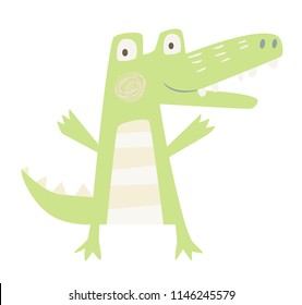 Crocodile baby cute print. Sweet zoo animal. Croc fashion child vector. Cool african safari illustration for nursery t-shirt, kids apparel, invitation, simple scandinavian child design