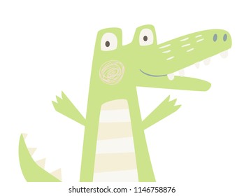 Crocodile baby cute print. Sweet zoo animal. Croc fashion child vector. Cool african safari illustration for nursery t-shirt, kids apparel, invitation, simple scandinavian child design