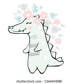 Crocodile baby girl cute print. Sweet dinosaur. Cool african animal illustration for nursery t-shirt, kids apparel, party and baby shower invitation. Simple child design. Summer time