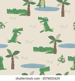 Crocodile baby seamless pattern. Wildlife cute print. Cool african animal illustration for nursery t-shirt, kids apparel, invitation cover, simple child background design Baby shower card.
