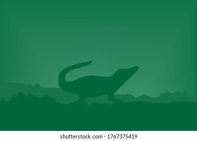 Crocodile in the background of the forest. Vector illustration. Wildlife animals. Green picture is flat style.