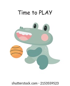 Crocodile with ball. Cartoon style. Vector illustration. For card, posters, banners, children books, printing on the pack, printing on clothes, fabric, wallpaper, textile or dishes.