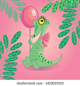 Crocodile with a ball, on a pink background, cartoon character