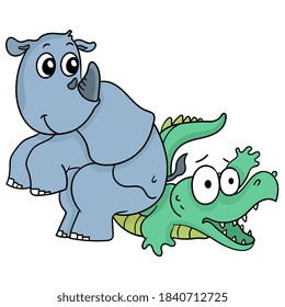 a crocodile is being squeezed by a rhino. cartoon illustration sticker emoticon