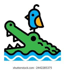 crocodile and bird cartoon roughen filled outline icon for decoration, website, web, mobile app, printing, banner, logo, poster design, etc.