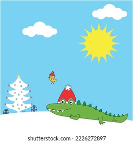 Crocodile and Bird in Christmas Illustration
