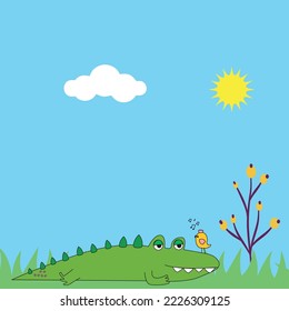 Crocodile and Bird Cute Illustration