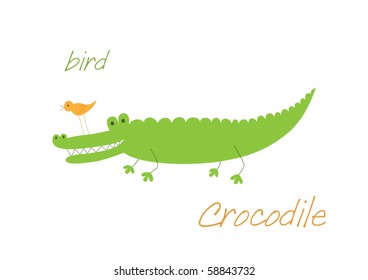 Crocodile and bird are friends, illustration for card design