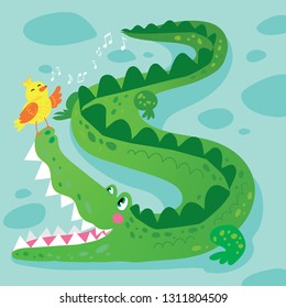 Crocodile and Bird Funny Kid Graphic Illustration. African Reptile Animal Mascot Character on Nature Background. Simple Colorful Alligator in Tropical Wildlife Flat Cartoon Vector Drawing