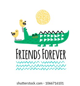 Crocodile and bird illustration vector for print. Happy friends. Can be used for baby t-shirt print, fashion print design, kids wear, baby shower celebration greeting and invitation card.