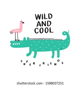 Crocodile and bird illustration vector for print. Super friends. Can be used for baby t-shirt print, fashion print design, kids wear, baby shower celebration greeting and invitation card.