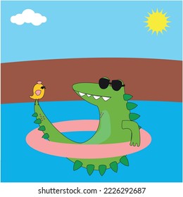 Crocodile and Bird in the Swimming Pool