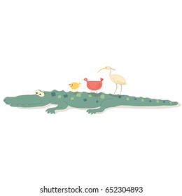 Crocodile with birds on its back isolated on white