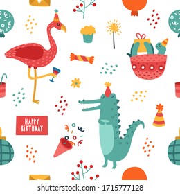 Crocodile, birthday cake, gift, flamingo, candy,
confetti, turtle, in the Scandinavian style. Hand drawn background for a party, holiday for children, festival. Simple flat vector cartoon illustration. 