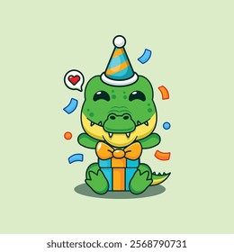 Crocodile in birthday party with gift box cartoon vector illustration. Vector cartoon Illustration suitable for poster, brochure, web, mascot, sticker, logo and icon.