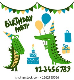 Crocodile birthday party print design with numbers- funny hand drawn doodle, cartoon alligator. Good for Poster or t-shirt textile graphic design. Vector hand drawn illustration.