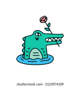 Crocodile bite a roses, illustration for t-shirt, sticker, or apparel merchandise. With doodle, retro, and cartoon style.