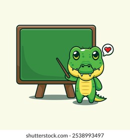 Crocodile with blackboard cartoon vector illustration. design element suitable for poster, brochure, web, mascot, sticker, logo and icon.
