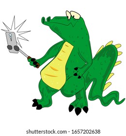 Crocodile blogger taking selfie photo. A cute fat alligator that holds the phone with a selfie stick. Stylized, disproportionate cartoon character. Green crocodile with a smartphone.