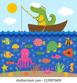 crocodile  in boat catches fish  - vector illustration, eps
