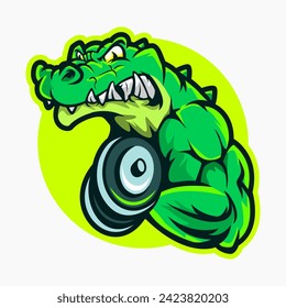 crocodile bodybuilder with dumbbell gym mascot logo