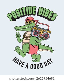 crocodile boombox retro cute illustration