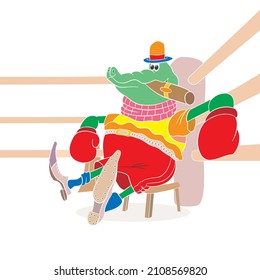 Crocodile In Boxing Gloves In The Ring, Smoking A Cigar, On An Isolated Background, Drawing, Vector, Cartoon