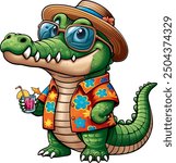 a crocodile in a bright shirt and a straw hat holds a glass of cocktail in his paw