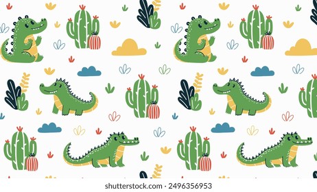 Crocodile and cactus, hand drawn seamless pattern.