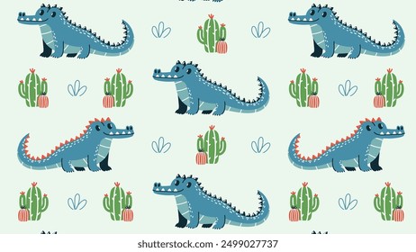 Crocodile and cactus, hand drawn seamless pattern.