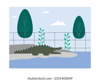 Crocodile in a cage, there is only one because many populations are extinct, zoo vector illustration.