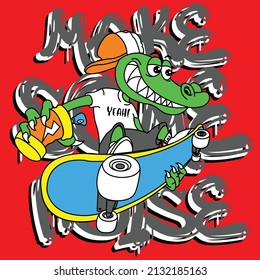 CROCODILE WITH A CAP AND A CAN OF PAINT IN HAND AND SKATING