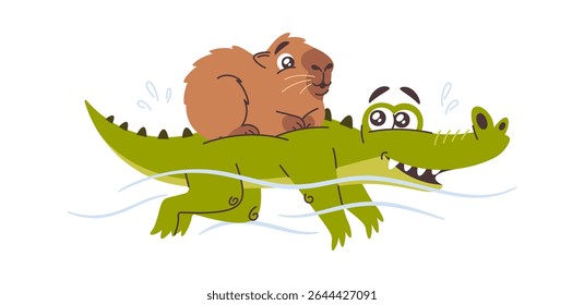 Crocodile and capybara friend swimming
