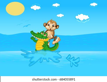 Crocodile carrying monkey on his back