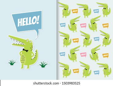 Crocodile cartoon card vector icon with pattern  background