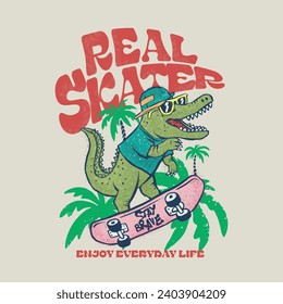 Crocodile cartoon character riding a skateboard. Crocodile drawing wearing a hat and sunglasses. Palm trees and writings. Vector work. Graphic work for children's t-shirt.