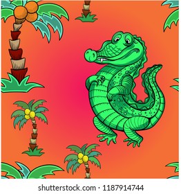 Crocodile, cartoon character. Vector illustration for children. Use printed materials, signs, objects, websites, maps, posters, postcards. Seamless drawing. Wallpaper.
