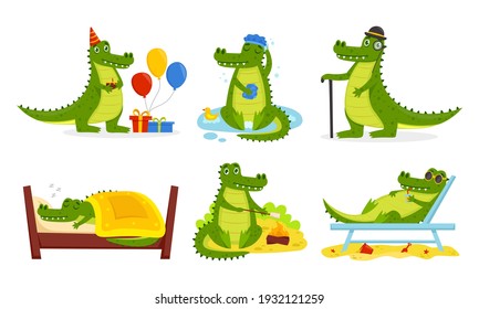 Crocodile cartoon characters set. Cute alligators collection. Funny crocodiles in various poses. Vector illustration.