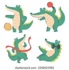 Crocodile cartoon characters . Sport concept . Hand drawn style . White isolate background . Vector .