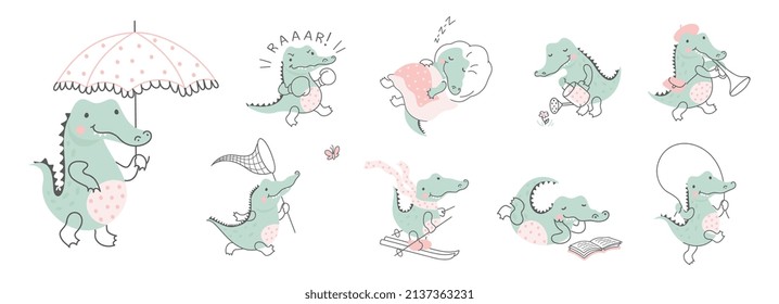 Cocodrilo. Caricatura de cocodrilos lindos, personaje de cocodrilo humorístico salvaje para bebés. La jungla de arte de áfrica animal, actualmente divertida serie de vectores gráficos de vivero