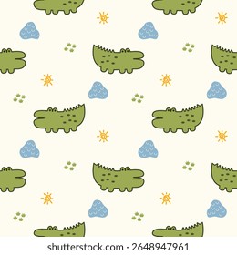 Crocodile cartoon so cute. On swamp grass sun background. Pattern seamless vector illustration. 